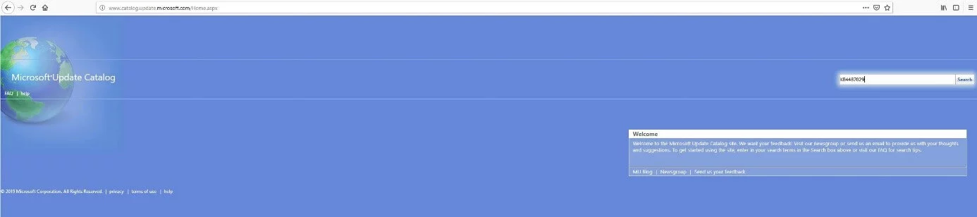 Homepage of the Microsoft Update Catalog