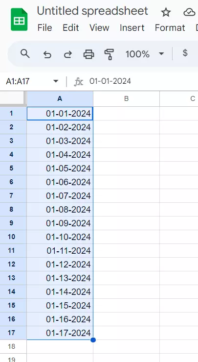 Screenshot of Google Sheets after the date has been automatically filled