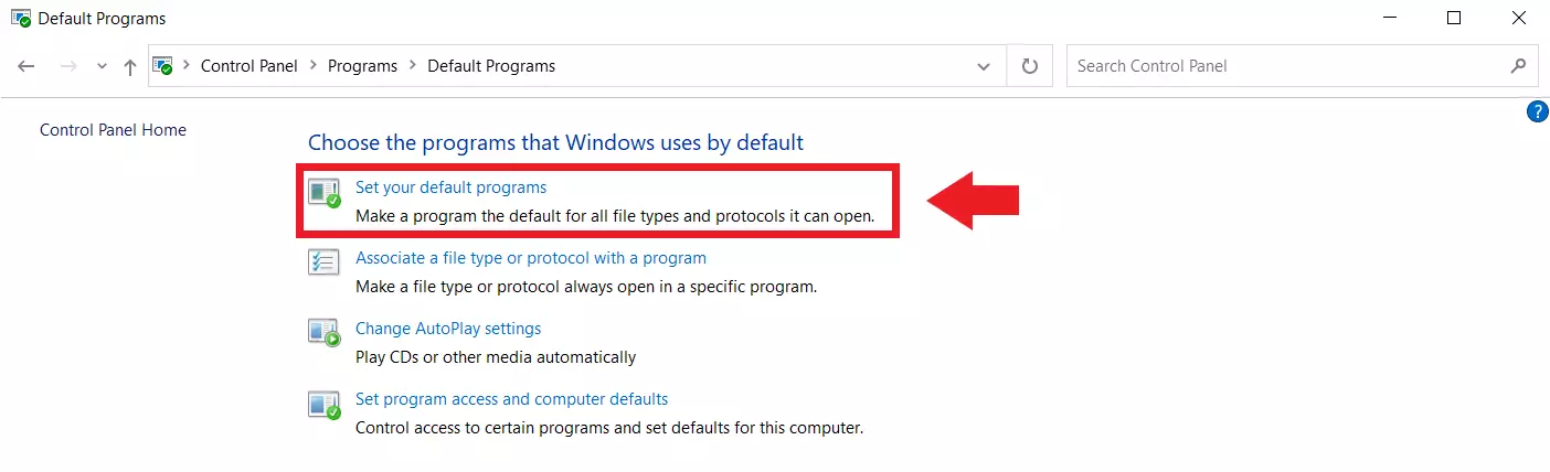 Windows Control Panel: Select “Set your default programs