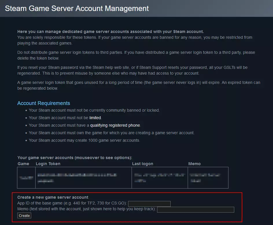 Screenshot of the Steam player account management screen