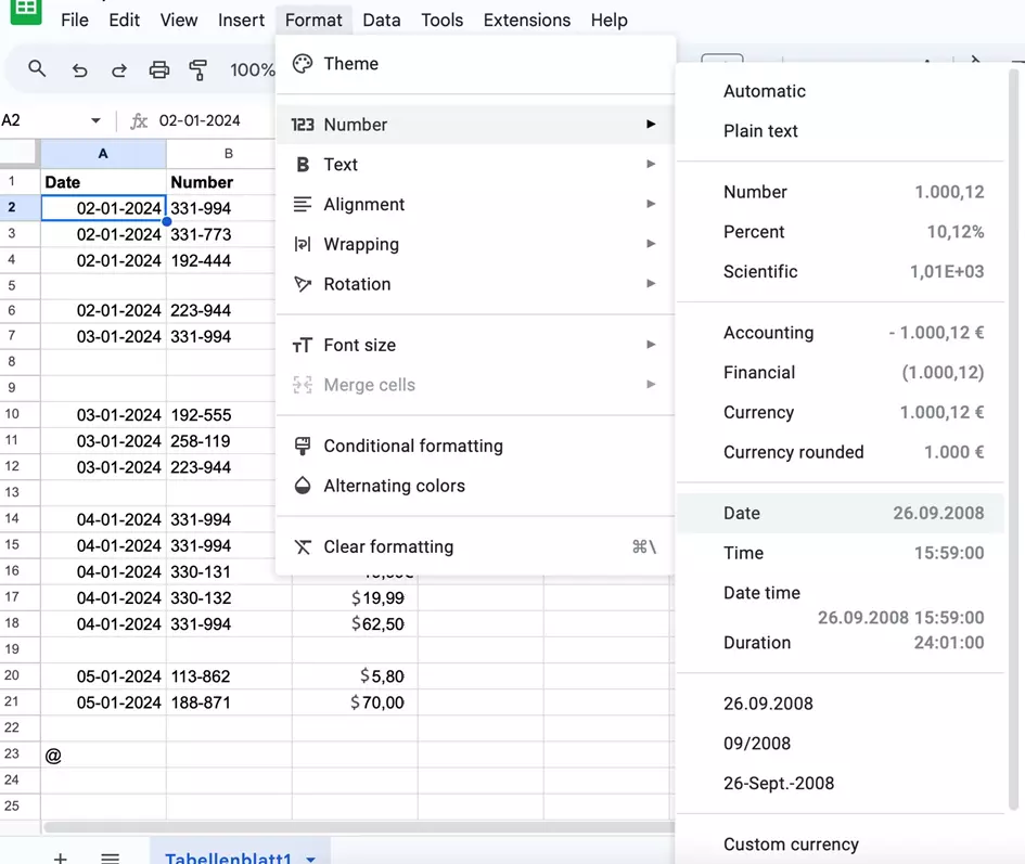 Screenshot of the format menu in Google Sheets