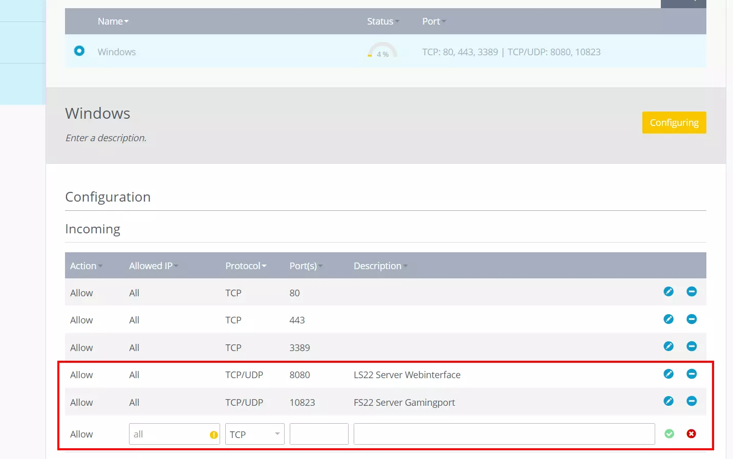 Server release port in IONOS Cloud Panel