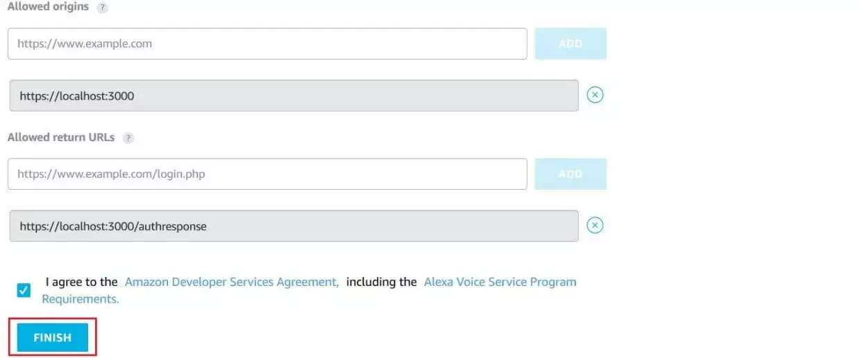 LWA verification URLs specified during the registration process