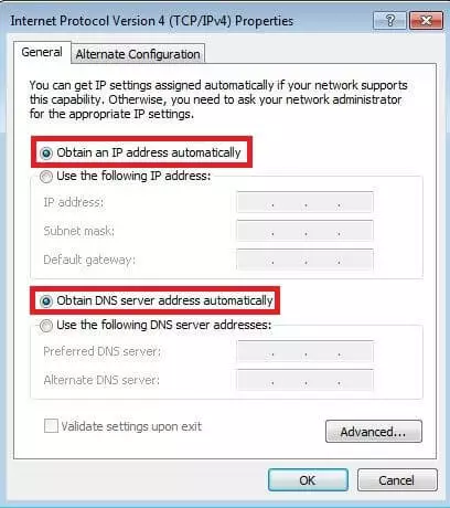 Options menu of the internet protocol (TCP/IPv4) on Windows 7