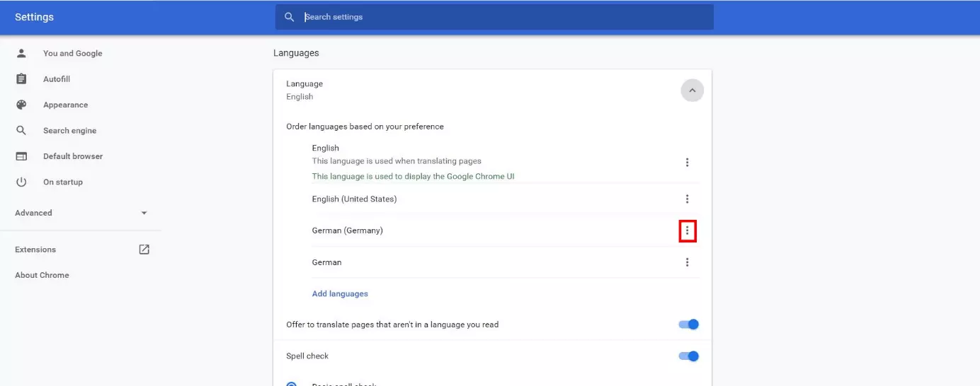 Selecting language in the “Languages” menu in the Google Chrome browser