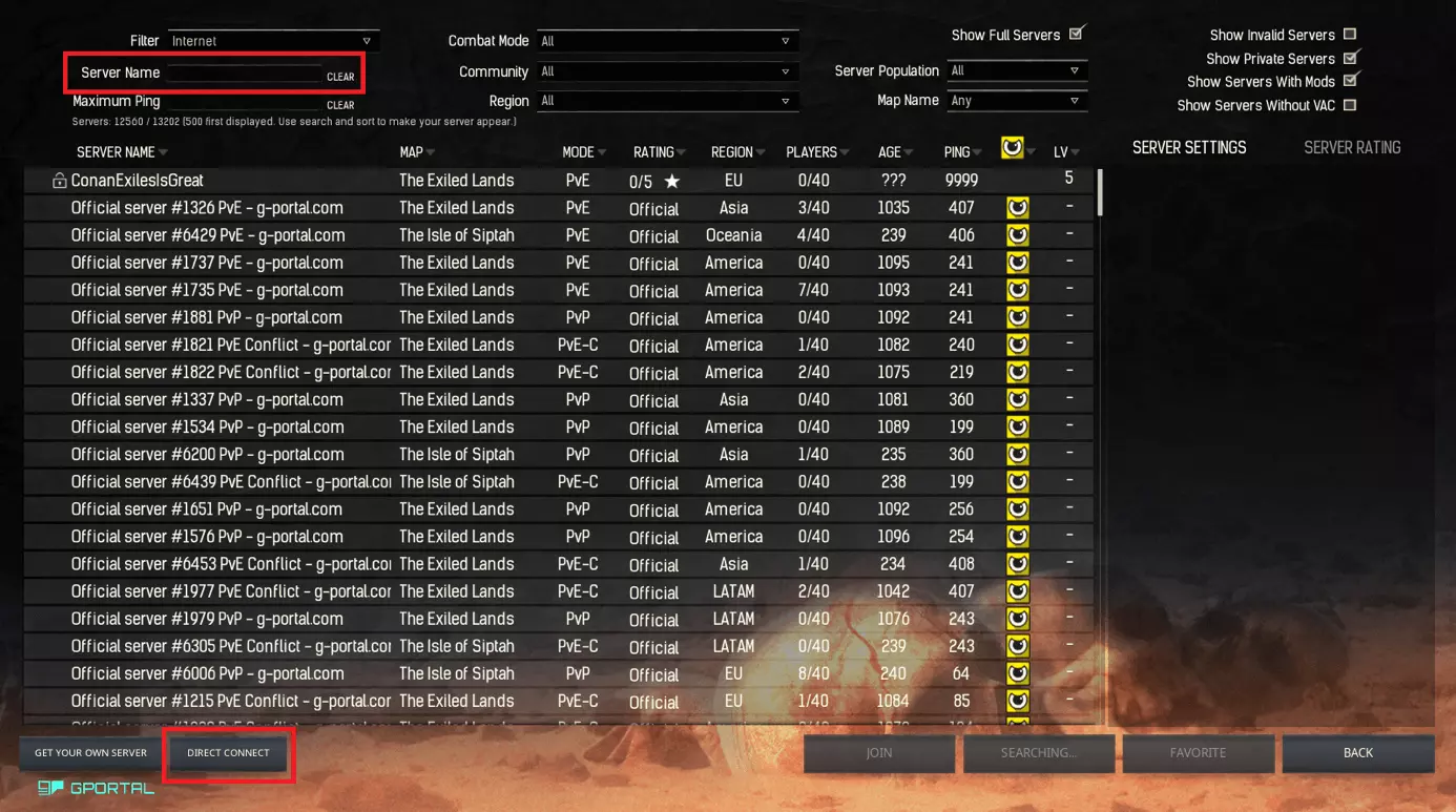 Server list in Conan Exiles