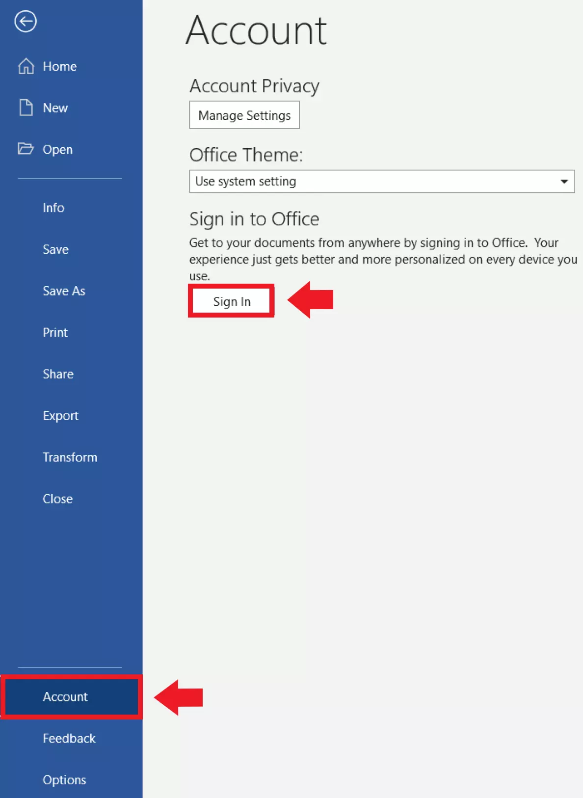 The ‘Account’ window under ‘File’ in Word