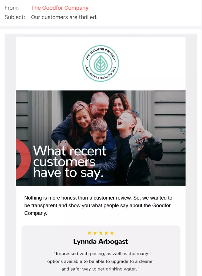 Example of a newsletter with customer comments fromThe Goodfor Company