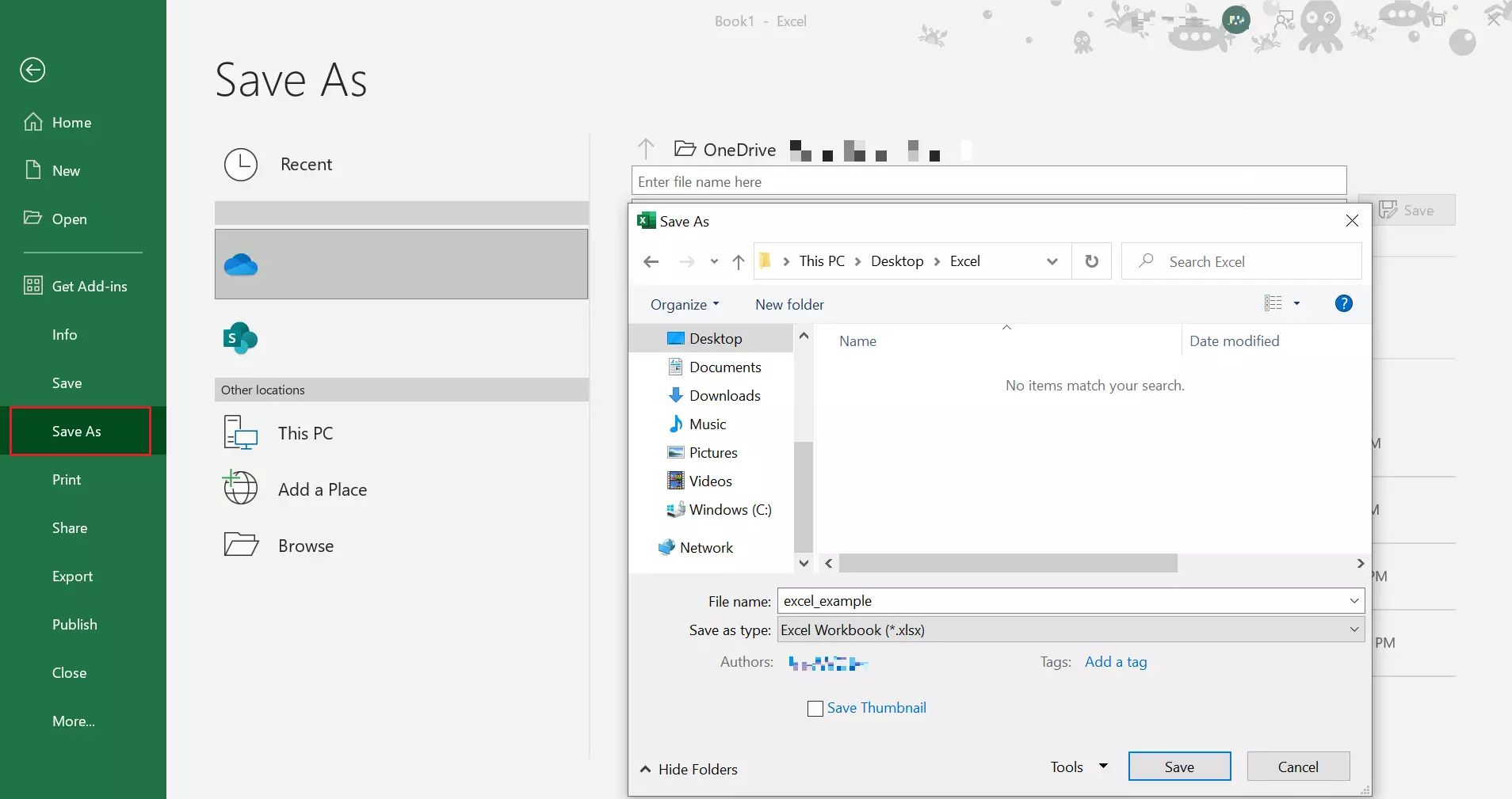 Excel Save As menu