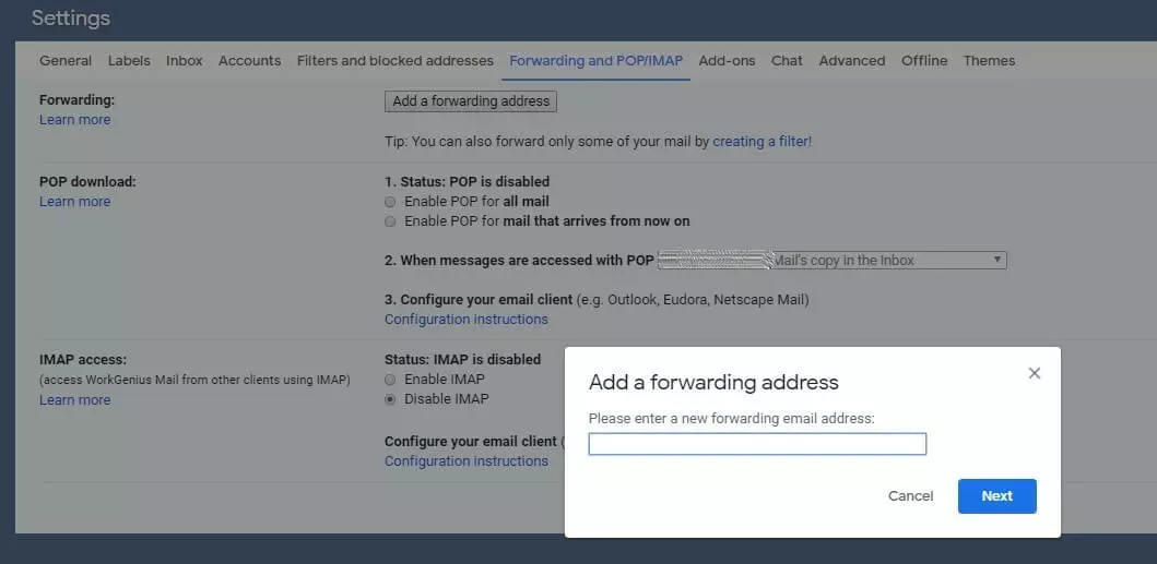 Adding a forwarding address in Gmail