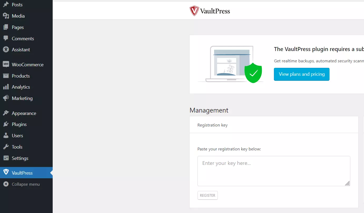 VaultPress in the WordPress backend