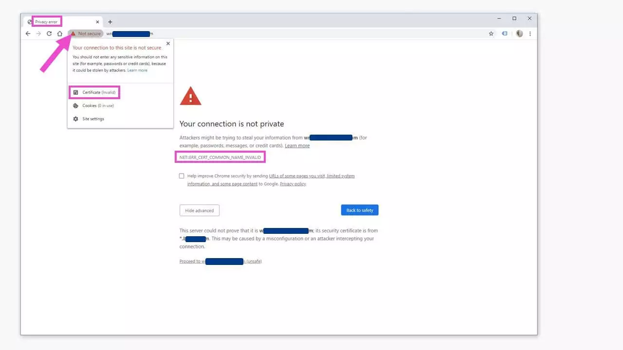 Error message “ERR_CERT_COMMON_NAME_INVALID” in Google Chrome