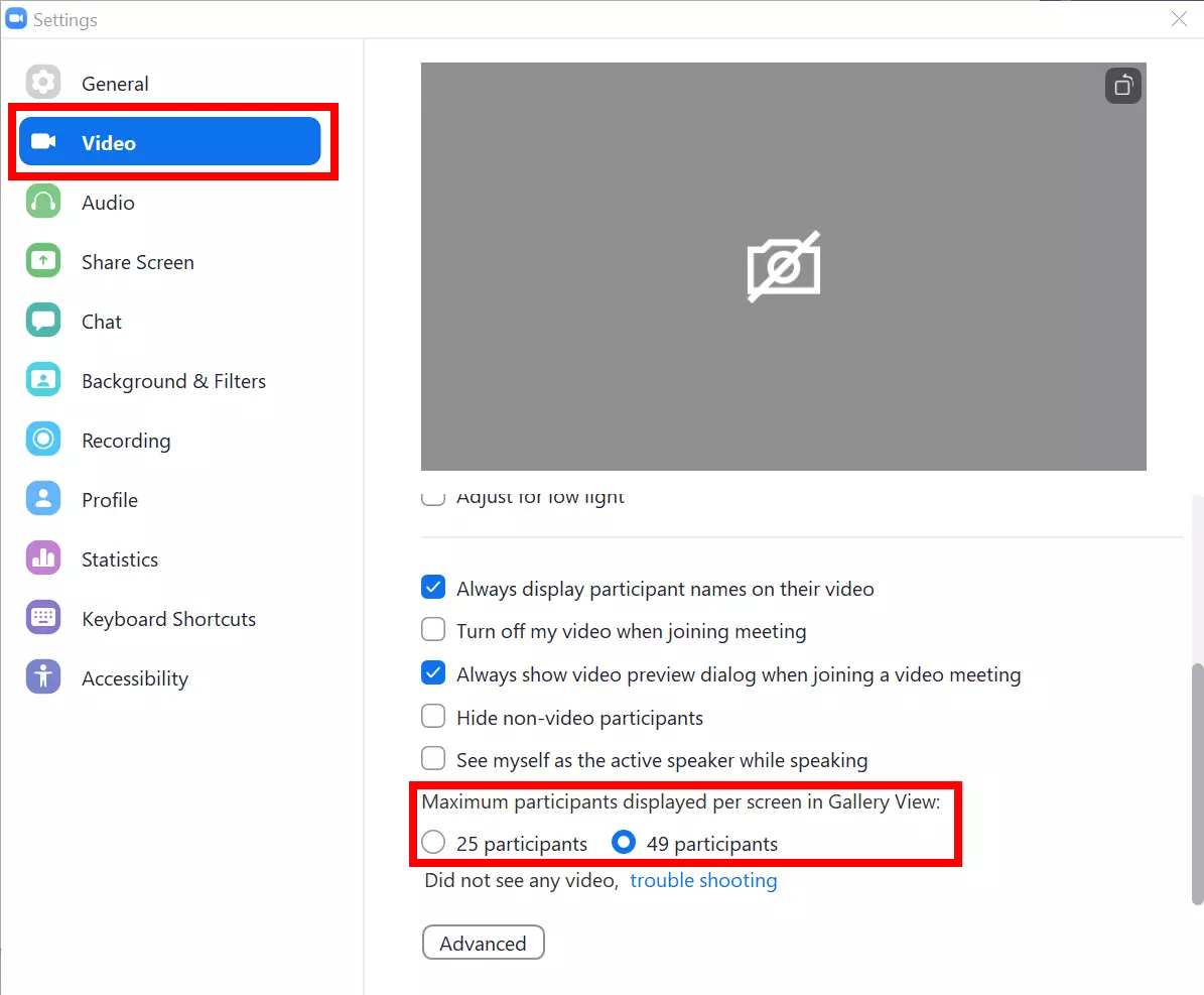 Video settings to customize gallery view on Zoom