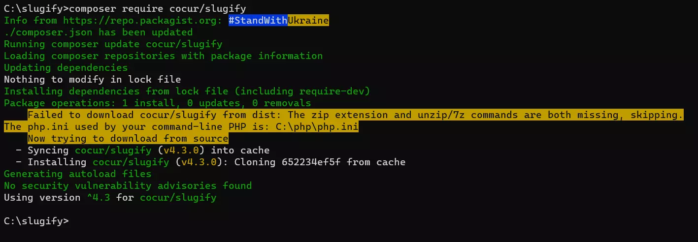 cocur/slugify download via PHP Composer in Windows 11