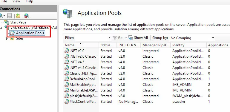 IIS manager: “Application Pool” among selected servers