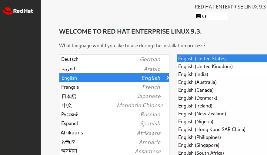 Choosing the language for the RHEL 9 installation