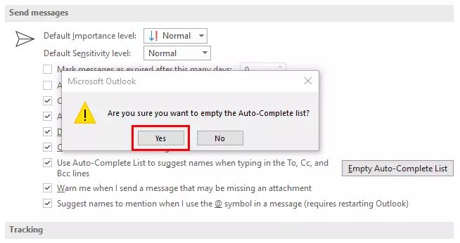 Confirmation window for emptying the Auto-Complete List 