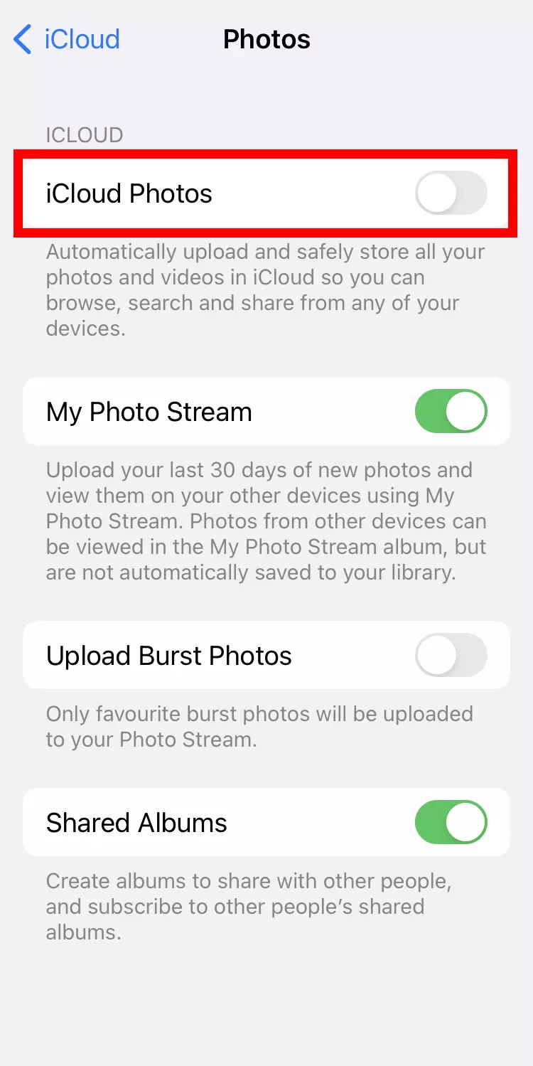 Screenshot of the “iCloud Photos” feature under “Photos”