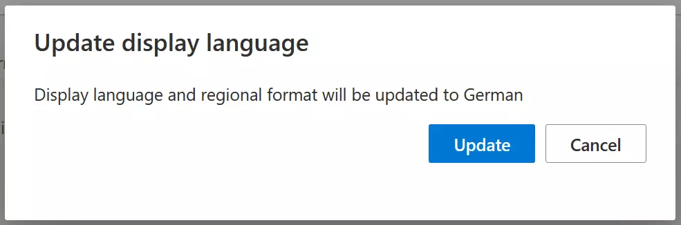 Menu for confirming the new display language in Word