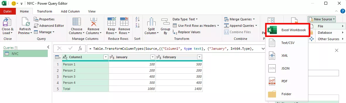 Import an Excel table via “New source”, “File” and “Excel”