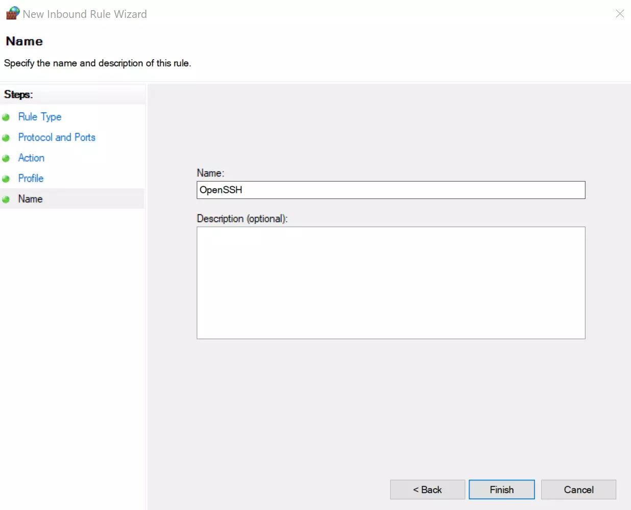 Windows Defender Firewall: Setting a name for the new rule