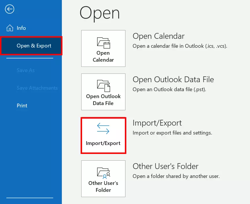 Launch Outlook Assistant for data import using Import/Export