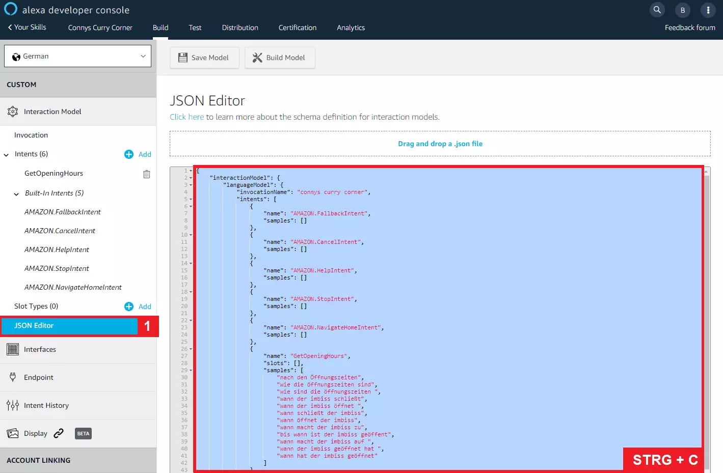 The skill’s interaction model in the JSON editor