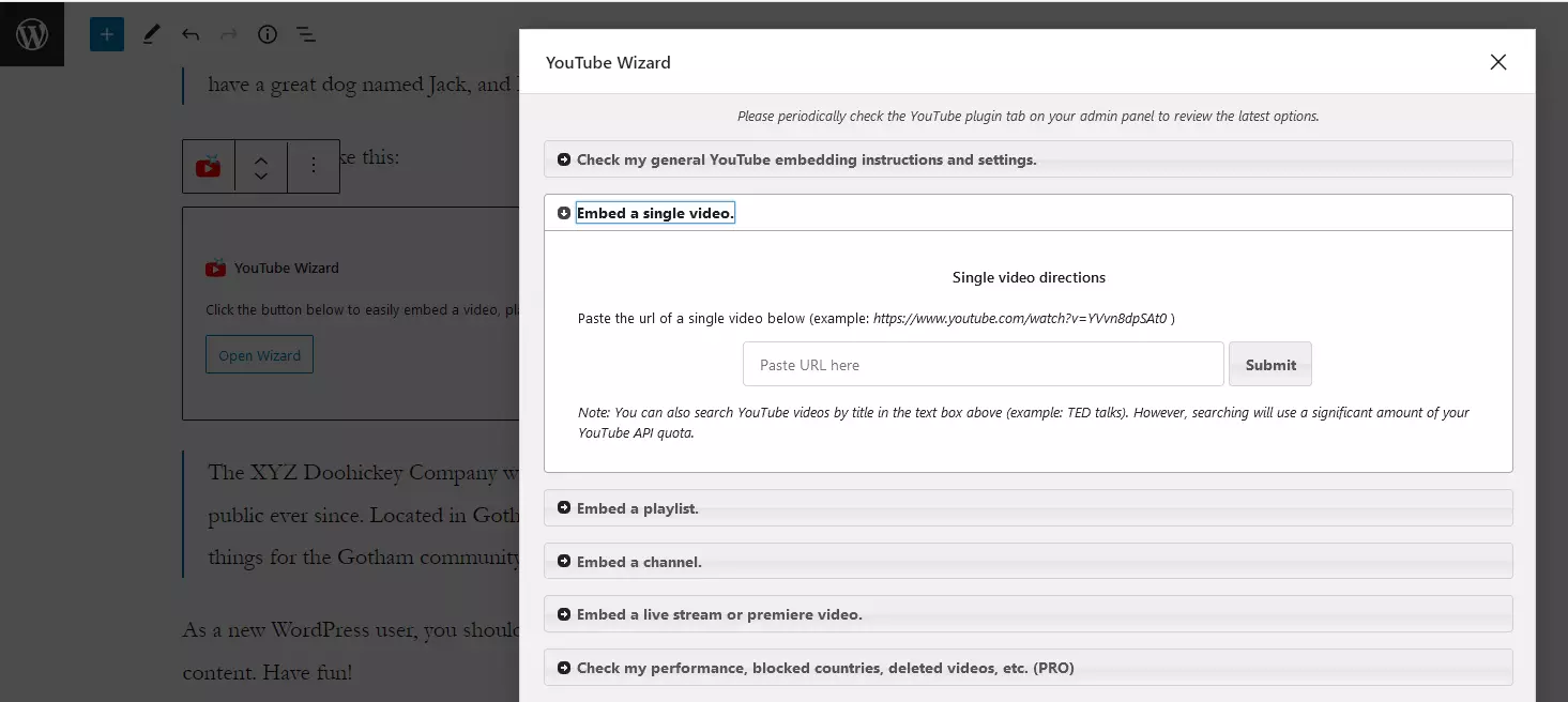 YouTube Wizard in WordPress Editor