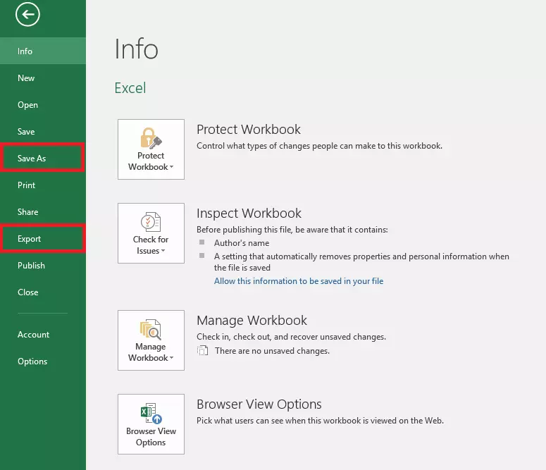 Screenshot of MS Excel “Save As,” or alternatively, “Export”