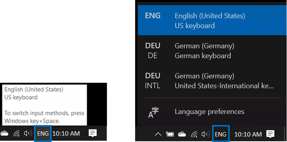 Menu for changing the keyboard in the taskbar