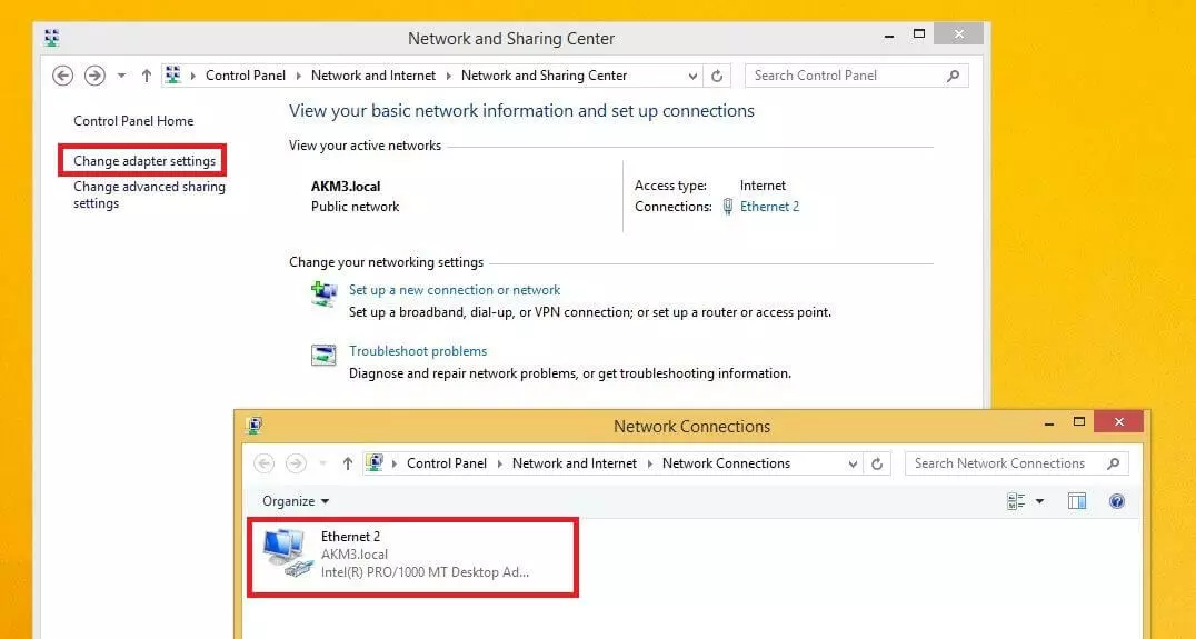 Network and Sharing Center and available networks on Windows 8