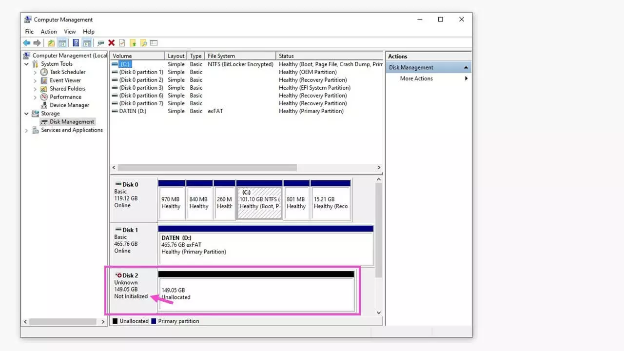 Windows Disk Management showing a drive that is not initialized 