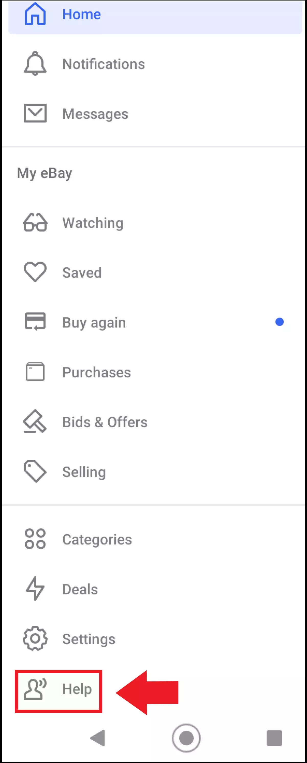 Screenshot of the eBay app menu with the “Help” option in Android