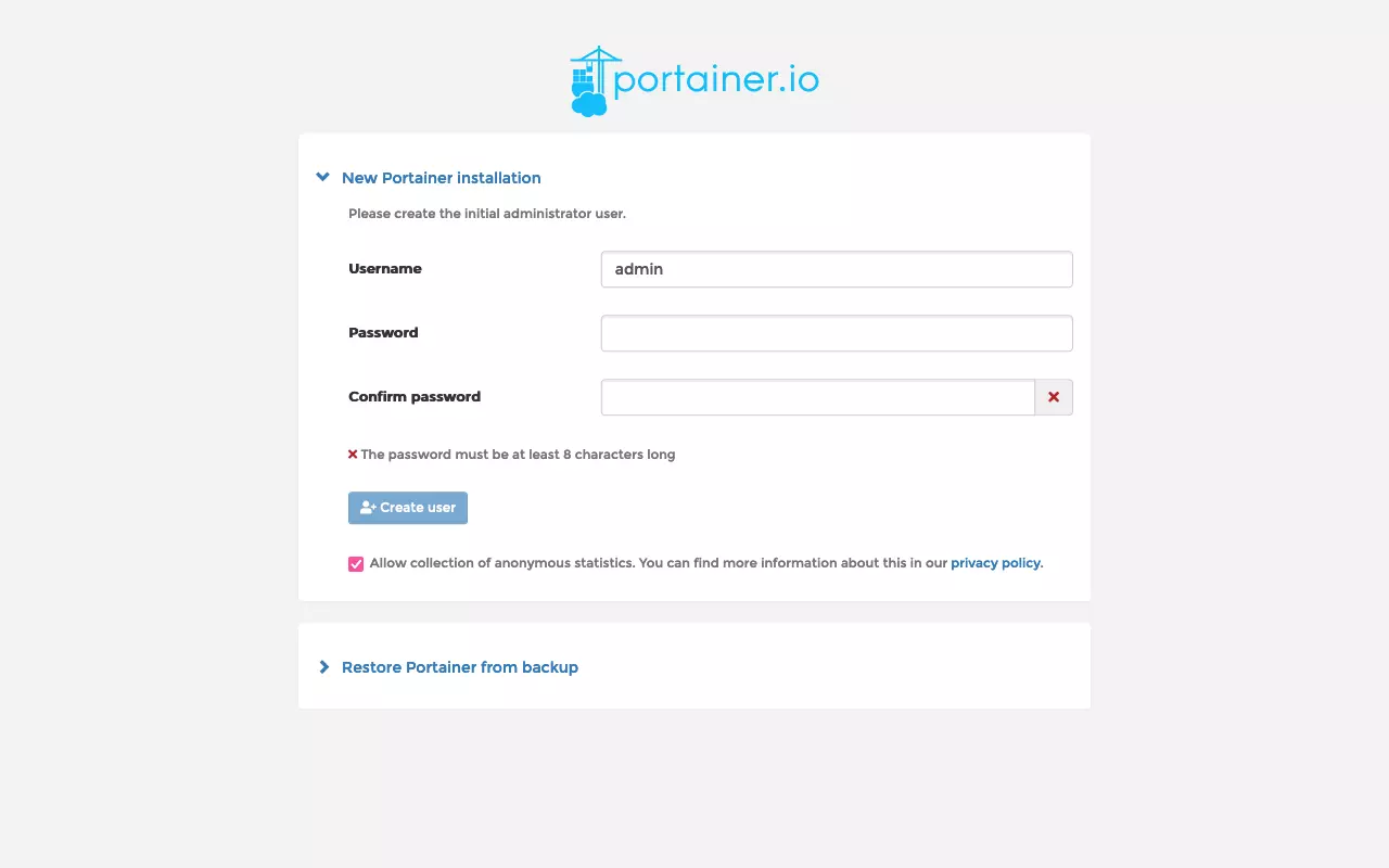 Splash screen when accessing the Portainer web interface for the first time