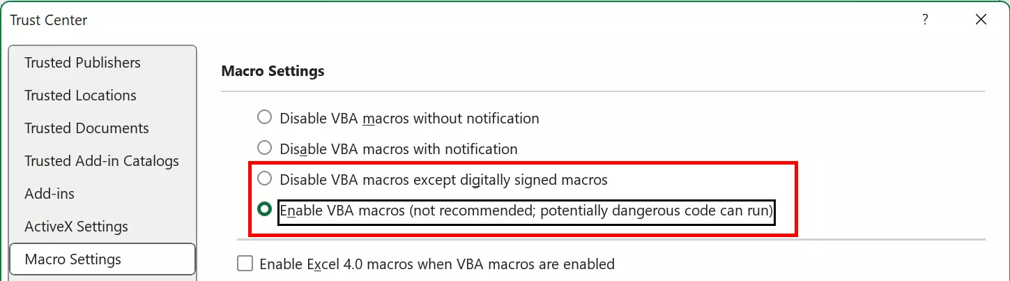 Macro settings in Excel’s Trust Center