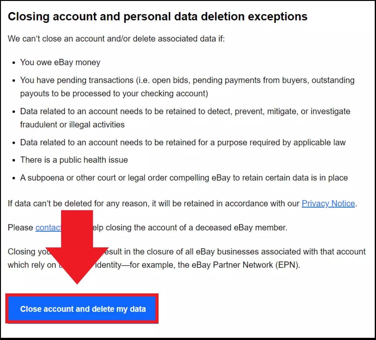 Screenshot of eBay’s “Close account” help page