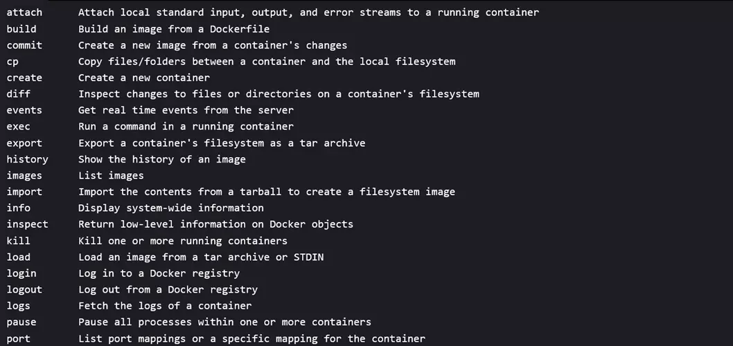 Terminal: List of subcommands