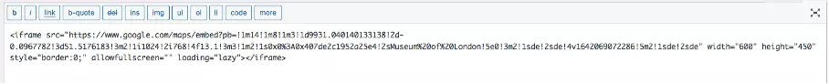 Screenshot of embed code in WordPress