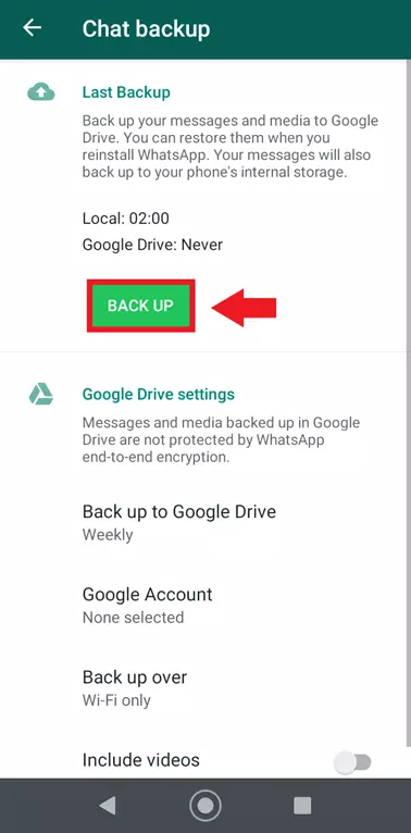 WhatsApp chat backup with “Back up” settings