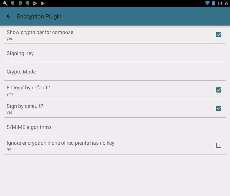 MailDroid: Encryption settings