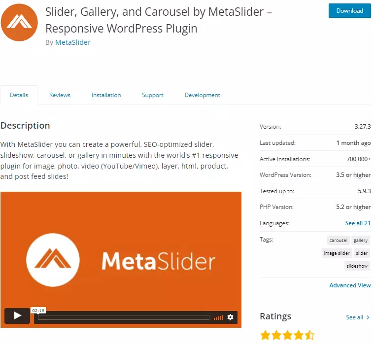 Screenshot of the MetaSlider WordPress plugin