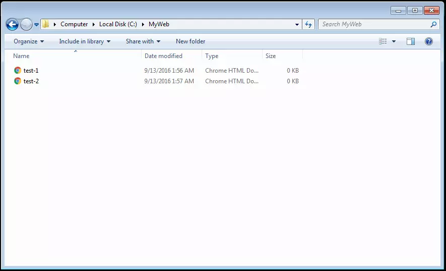 Windows ‘MyWeb’ folder with two HTML documents