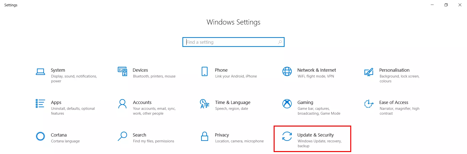 “Update & Security” section in Windows Settings