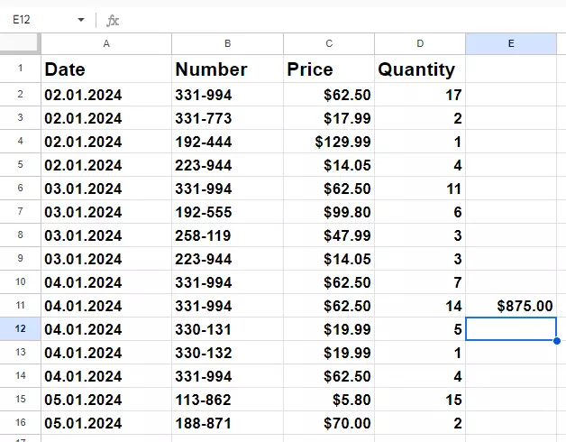 Screenshot after multiplying in Google Sheets