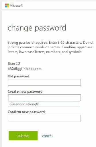 Area to change password in the Microsoft Outlook web app