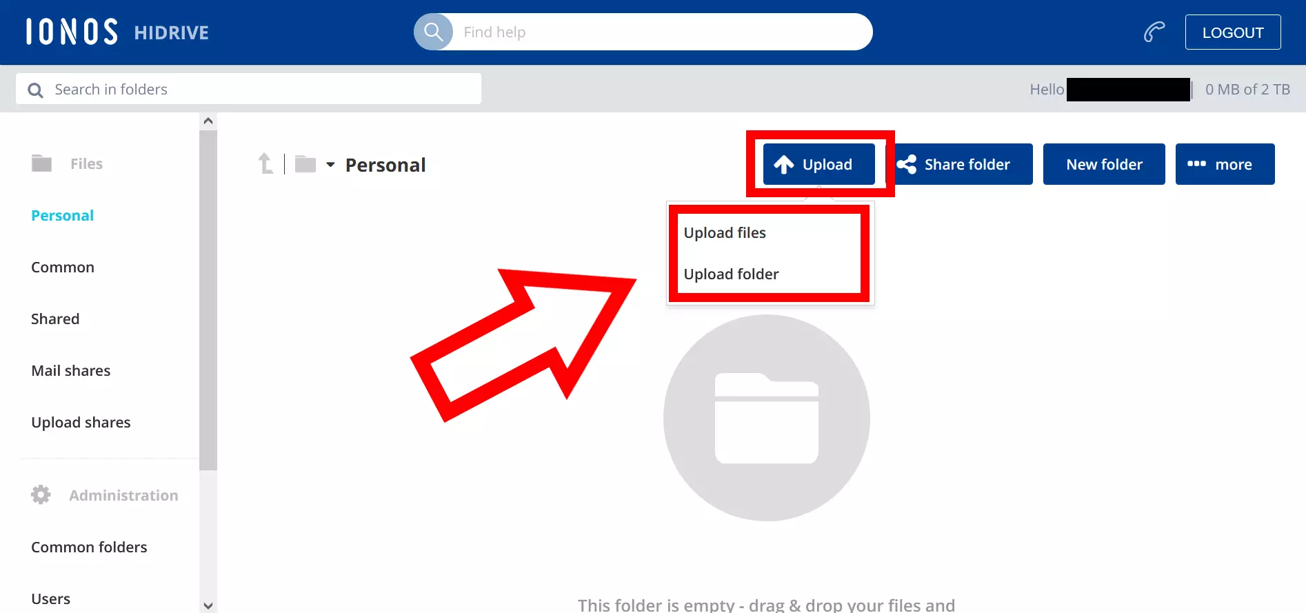 Screenshot of the Upload option in IONOS HiDrive