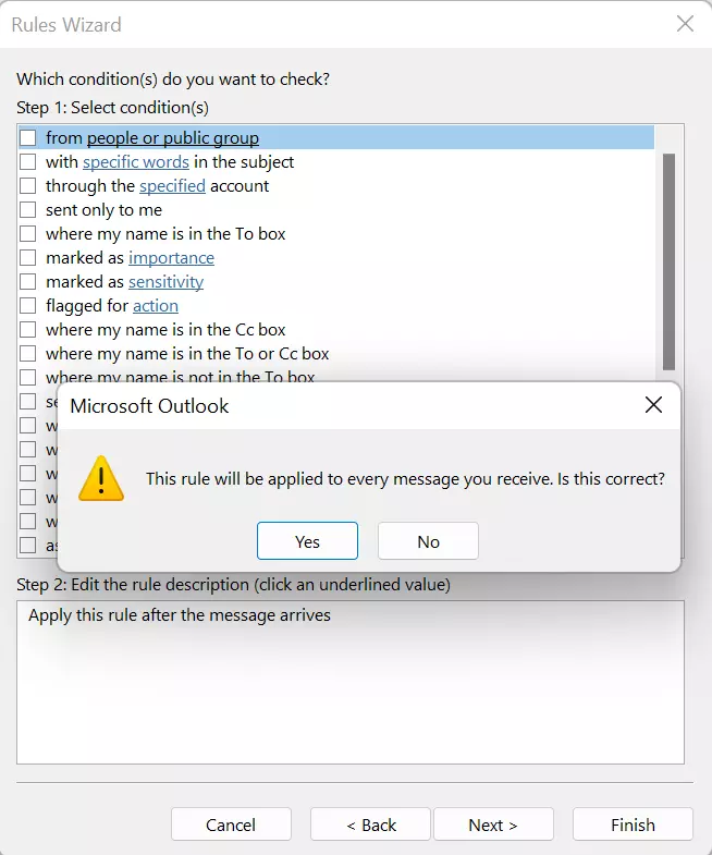 Outlook 365: Rules Wizard – Confirmation of conditions for inbox rules