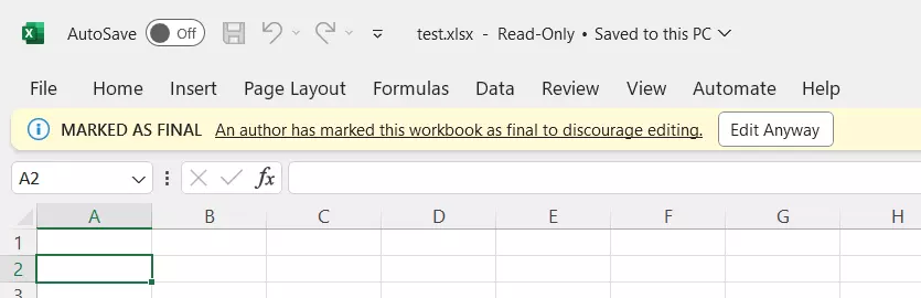 Status bar: Excel file is marked as final