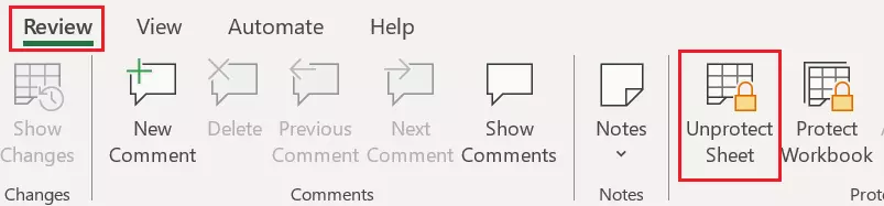 Image of “Review” > “Unprotect Sheet”