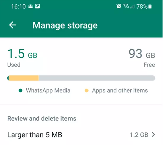 Screenshot of “Manage storage” in WhatsApp